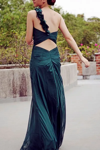 Sheath One-shoulder Floor Length Chiffon Backless Handmade Flower Evening Dress