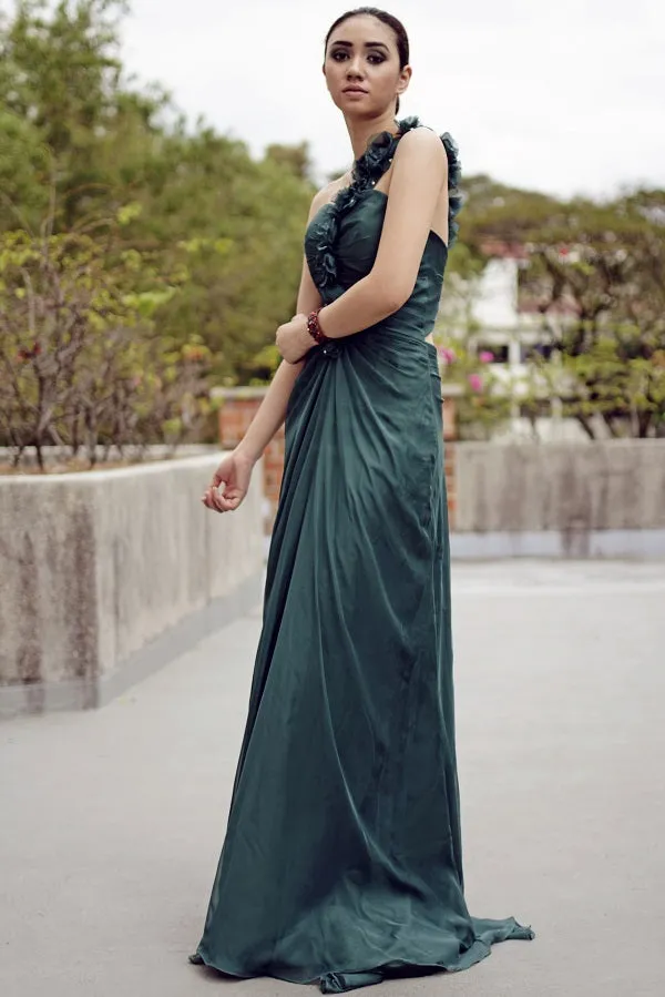 Sheath One-shoulder Floor Length Chiffon Backless Handmade Flower Evening Dress