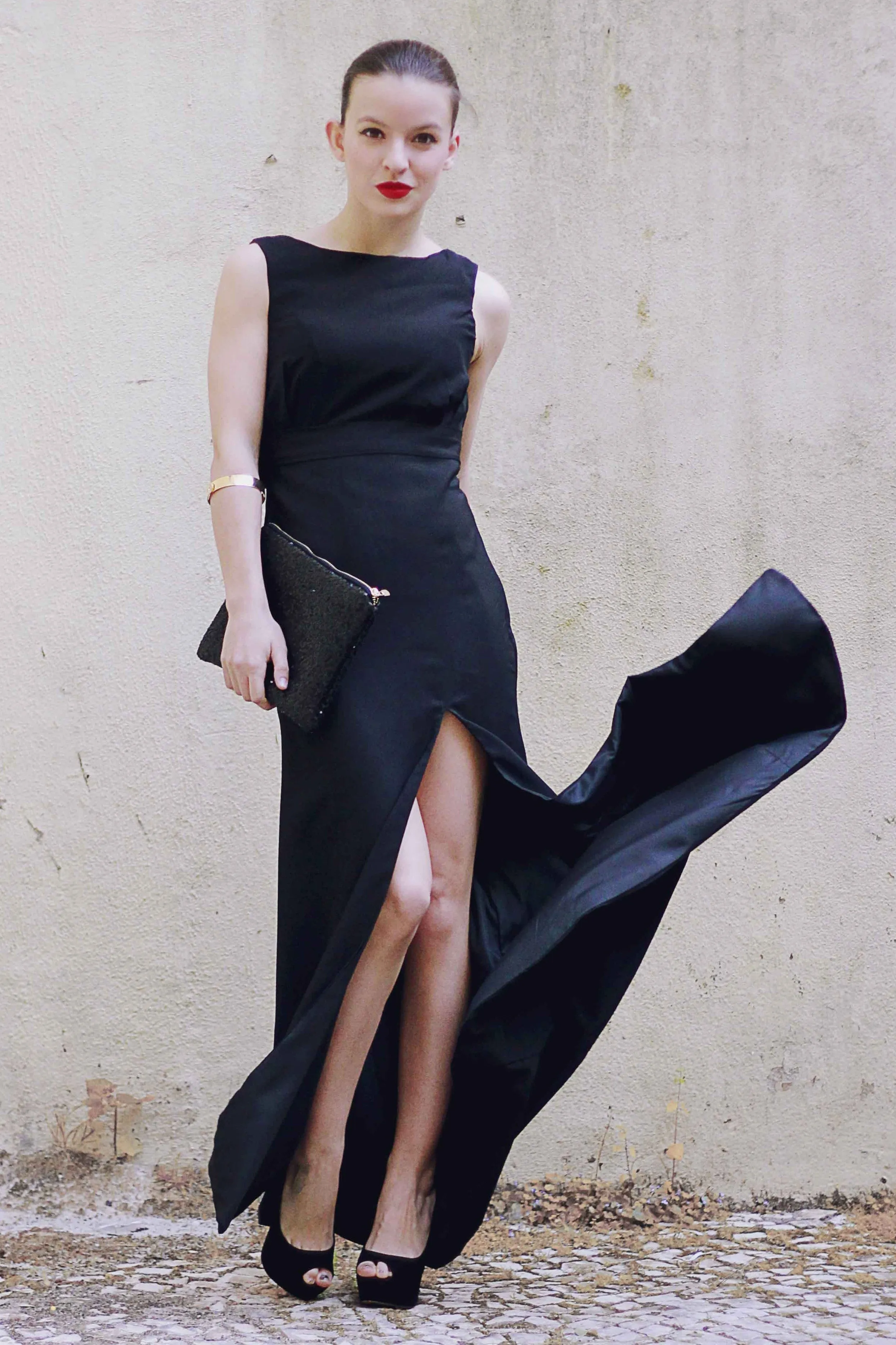 Sheath Small Round Collar Floor Length Front Slit Backless Chiffon Evening Dress