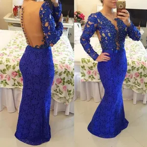 sheer back royal blue evening dresses long sleeve lace appliqué beaded mermaid elegant evening gown 2020