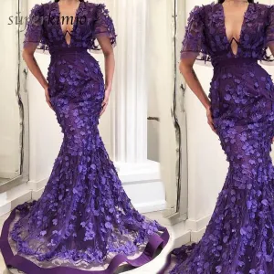 short sleeve evening dresses long mermaid purple 3d flowers elegant modest luxury evening gown formal dress