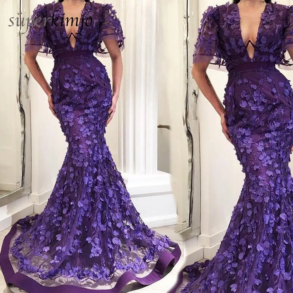 short sleeve evening dresses long mermaid purple 3d flowers elegant modest luxury evening gown formal dress