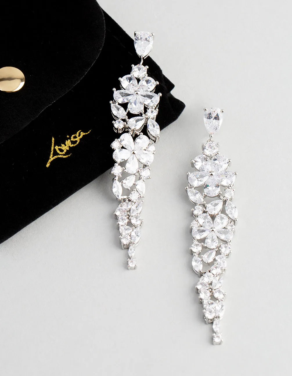 Silver Cubic Zirconia Statement Flower Drop Earrings