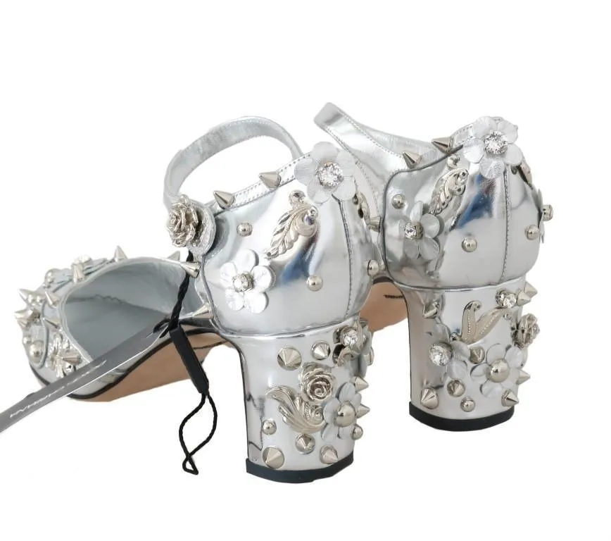 Silver Leather Floral Studded Pumps