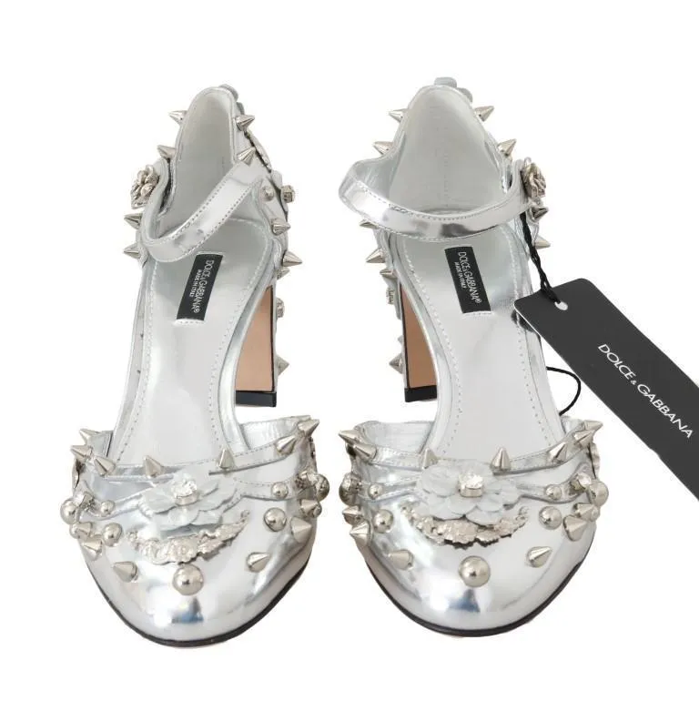 Silver Leather Floral Studded Pumps