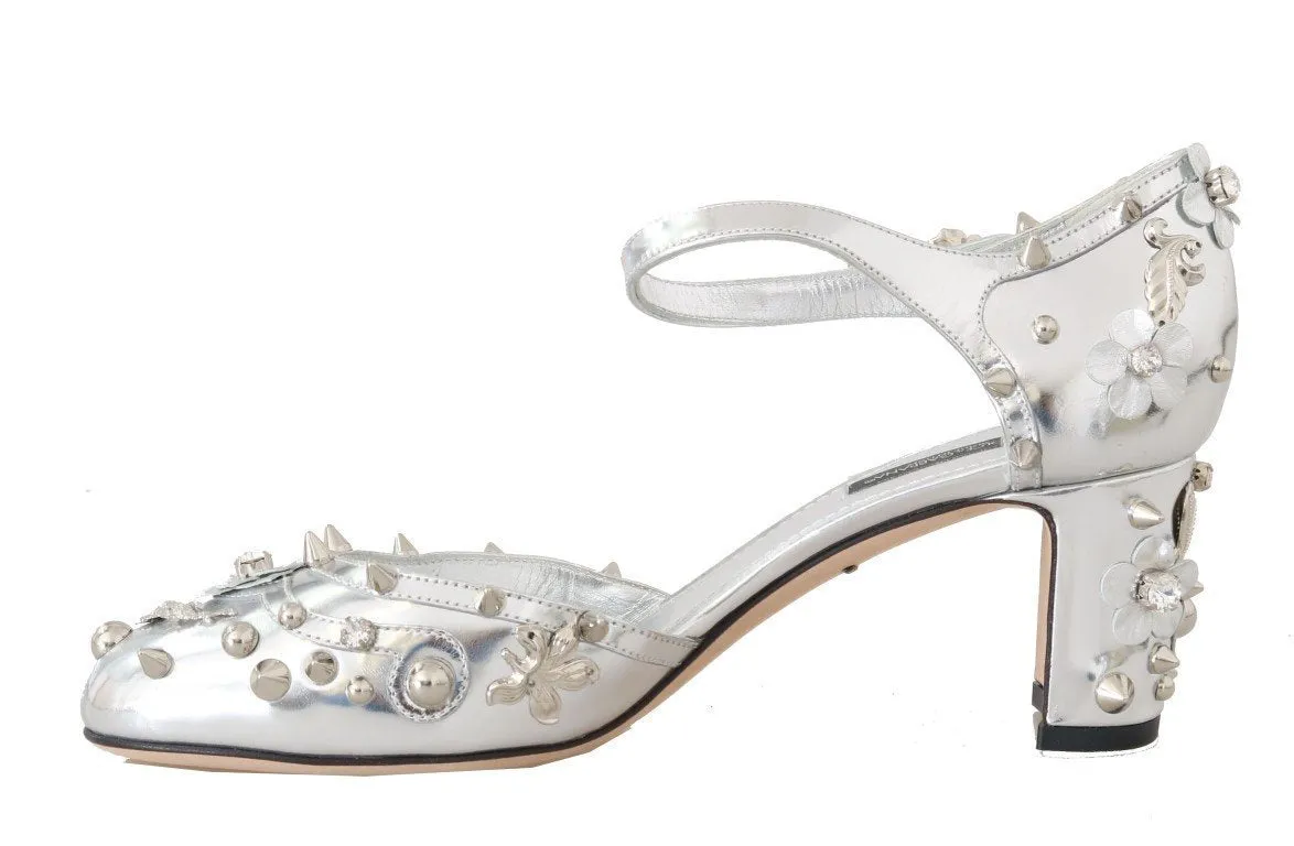 Silver Leather Floral Studded Pumps