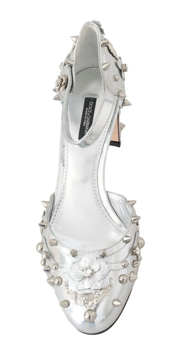 Silver Leather Floral Studded Pumps