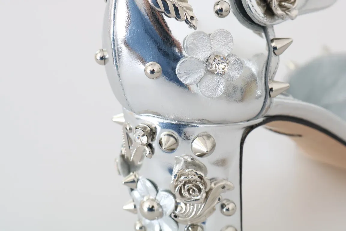 Silver Leather Floral Studded Pumps