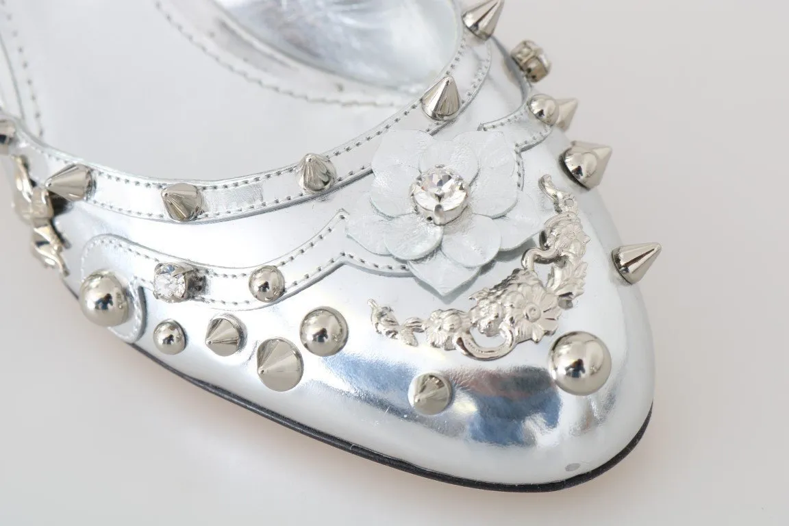 Silver Leather Floral Studded Pumps