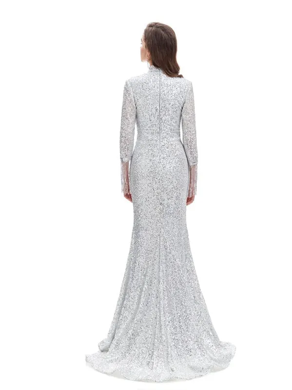Silver Mermaid 3/4 Sleeves Cheap Prom Dresses Online,Evening Party Dresses,12769