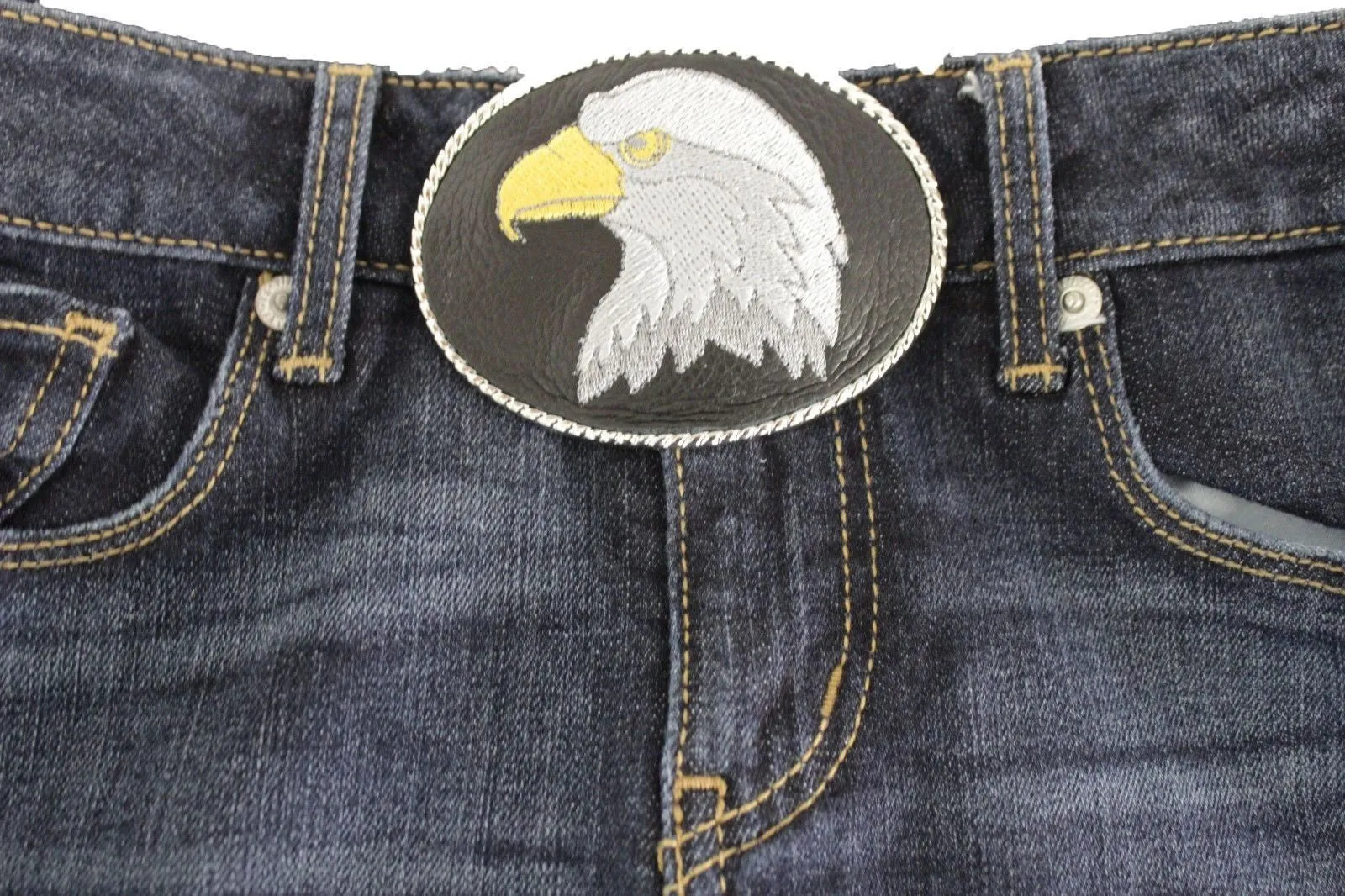Silver Metal Casual Black Leather American Big Eagle Head Belt Buckle Western Unisex Accessories