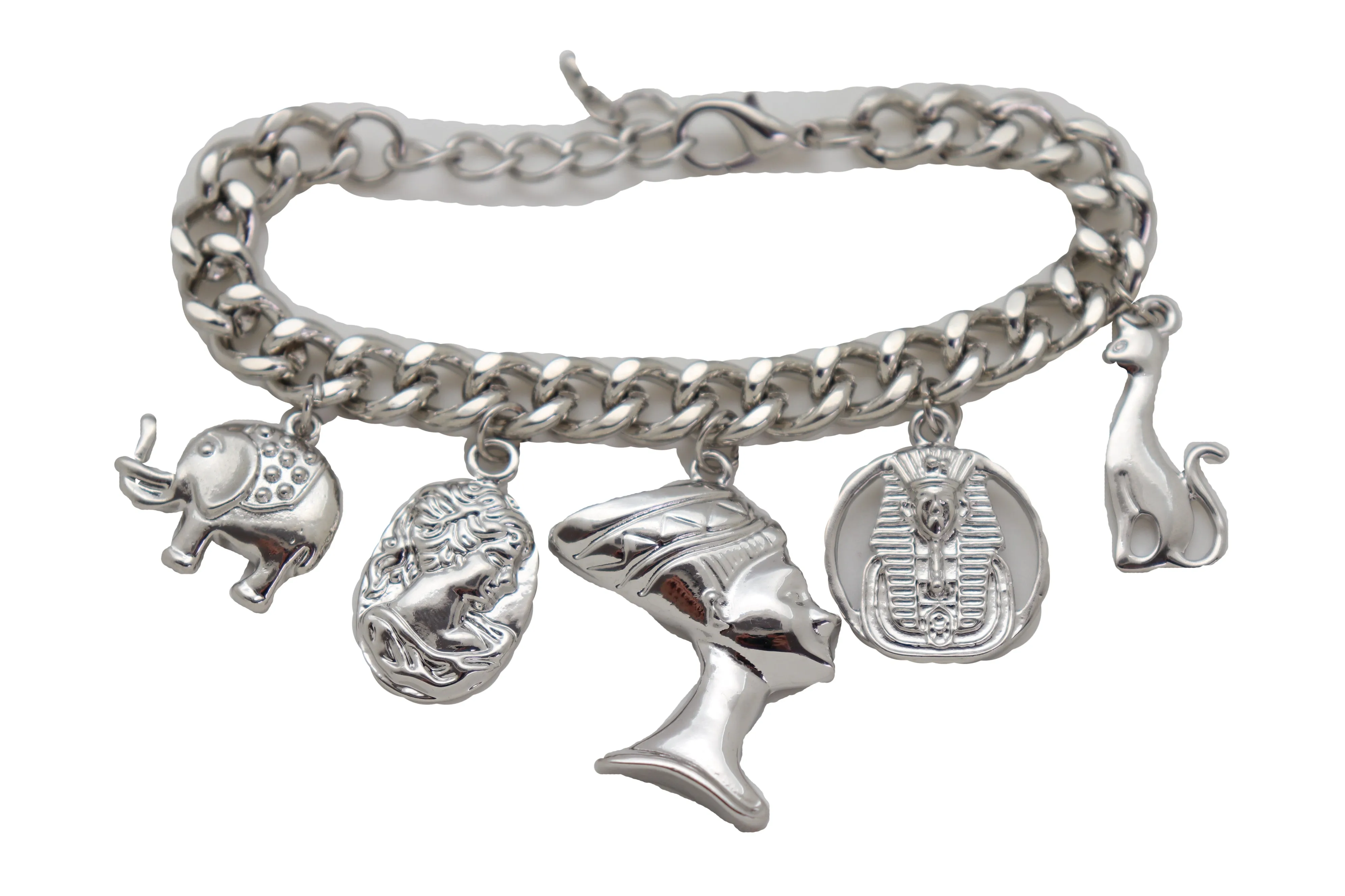 Silver Metal Chain Bracelet Cat Elephant Pharaoh Queen Crown Charms Egyptian Fashion