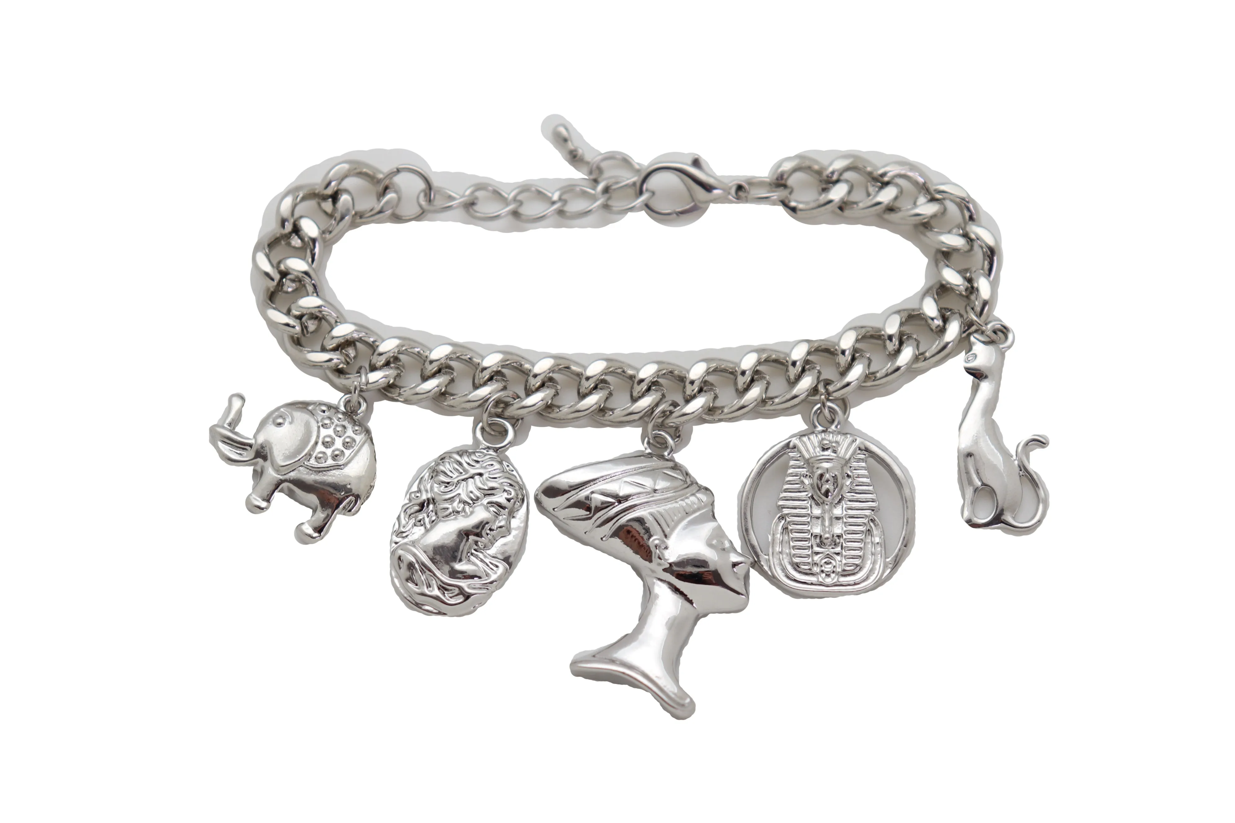 Silver Metal Chain Bracelet Cat Elephant Pharaoh Queen Crown Charms Egyptian Fashion