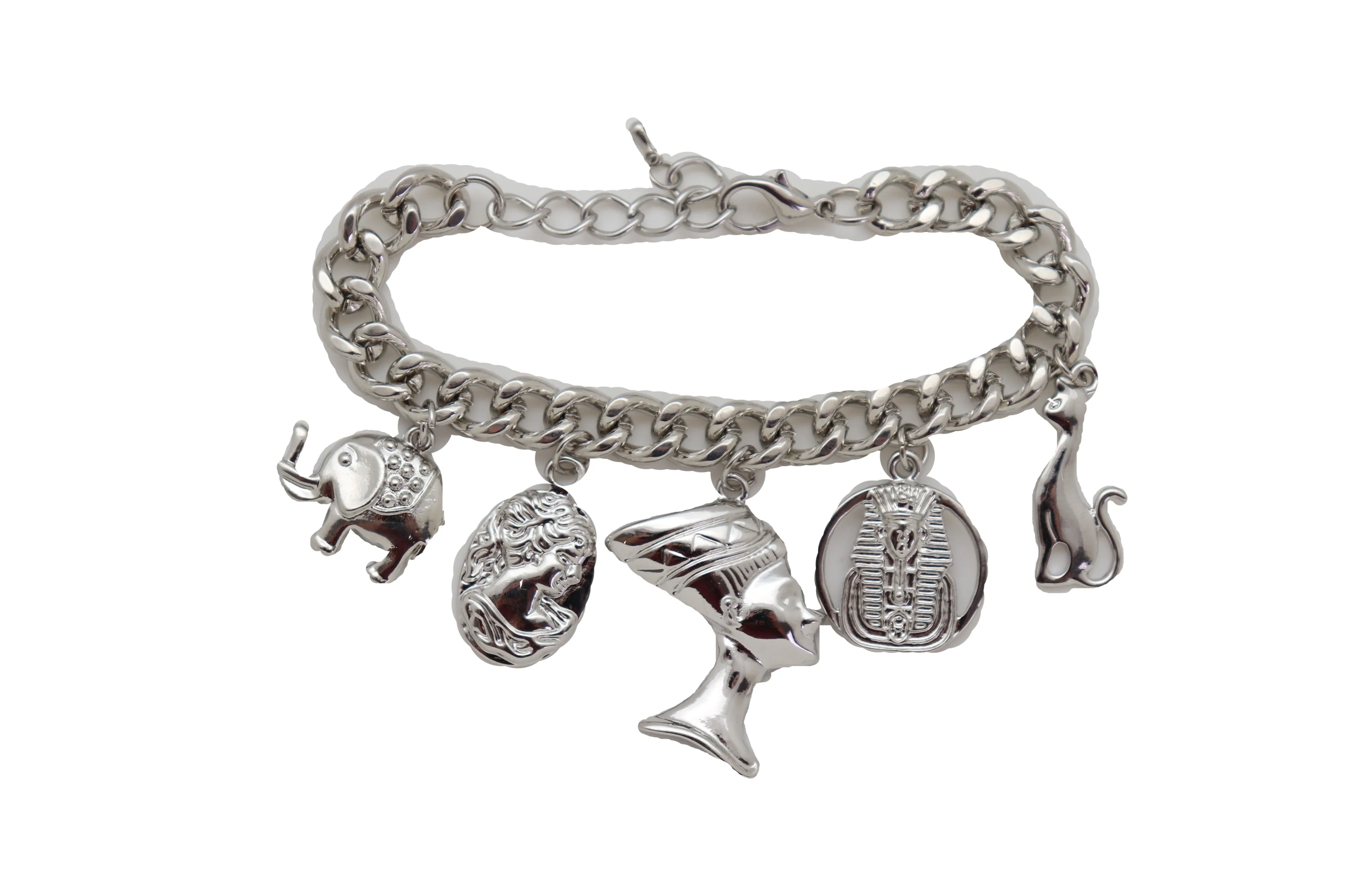 Silver Metal Chain Bracelet Cat Elephant Pharaoh Queen Crown Charms Egyptian Fashion