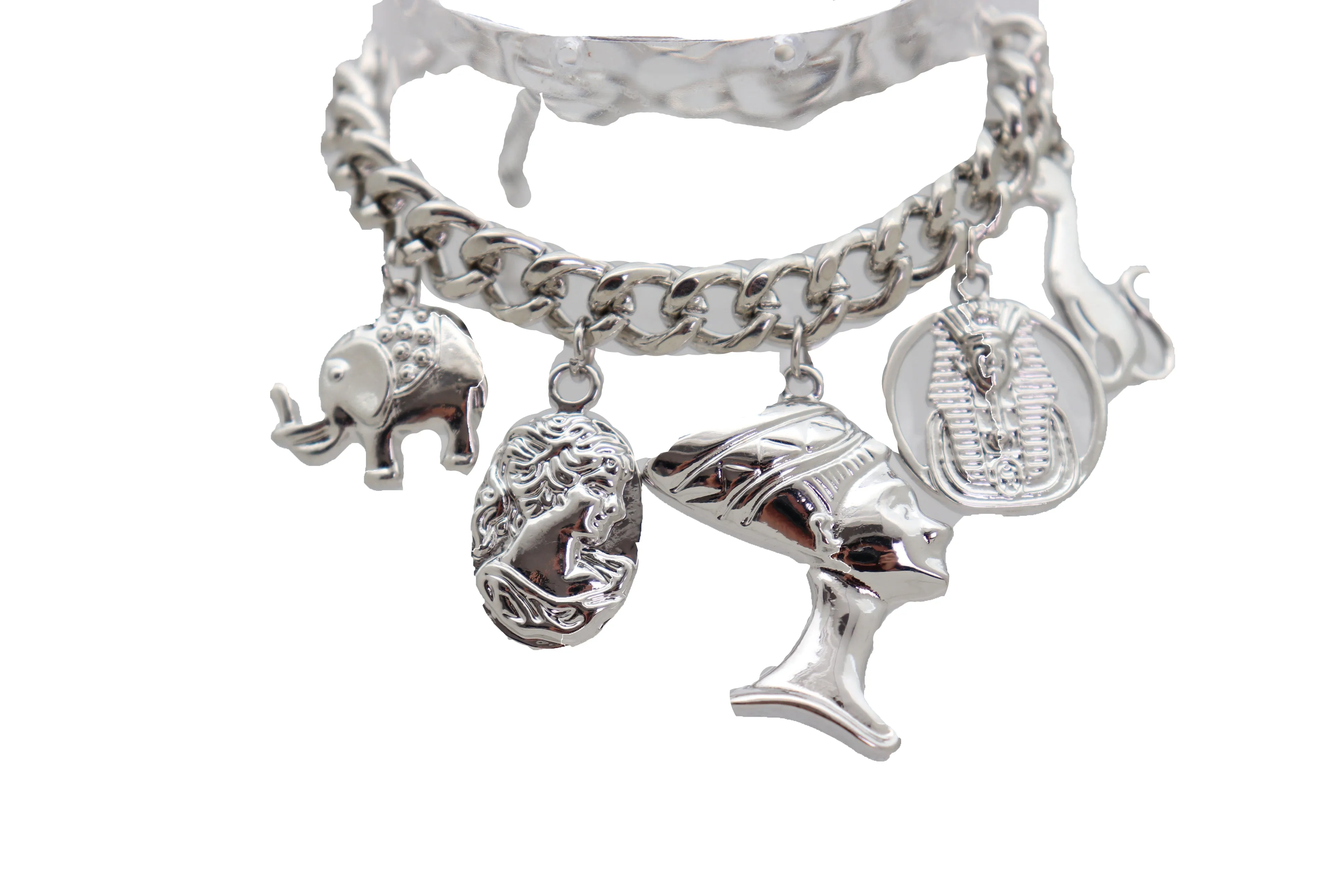 Silver Metal Chain Bracelet Cat Elephant Pharaoh Queen Crown Charms Egyptian Fashion