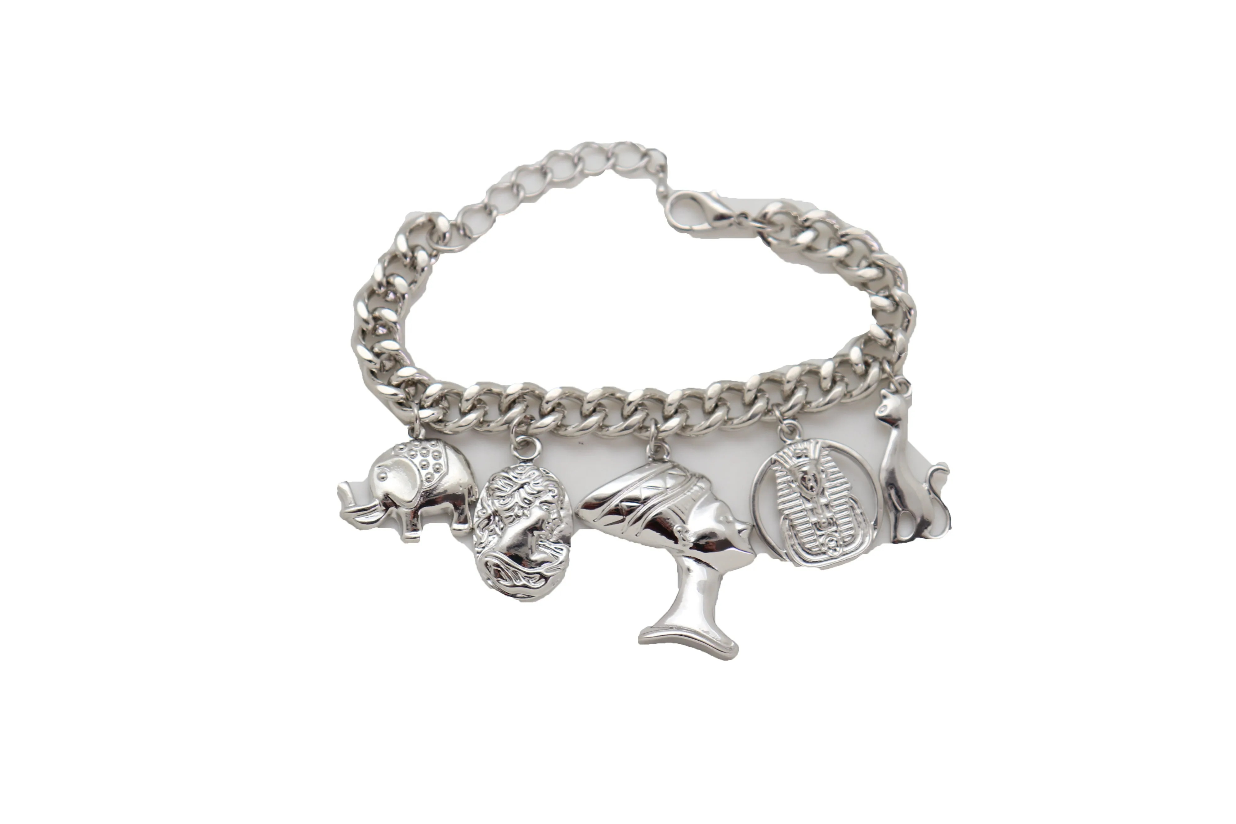 Silver Metal Chain Bracelet Cat Elephant Pharaoh Queen Crown Charms Egyptian Fashion