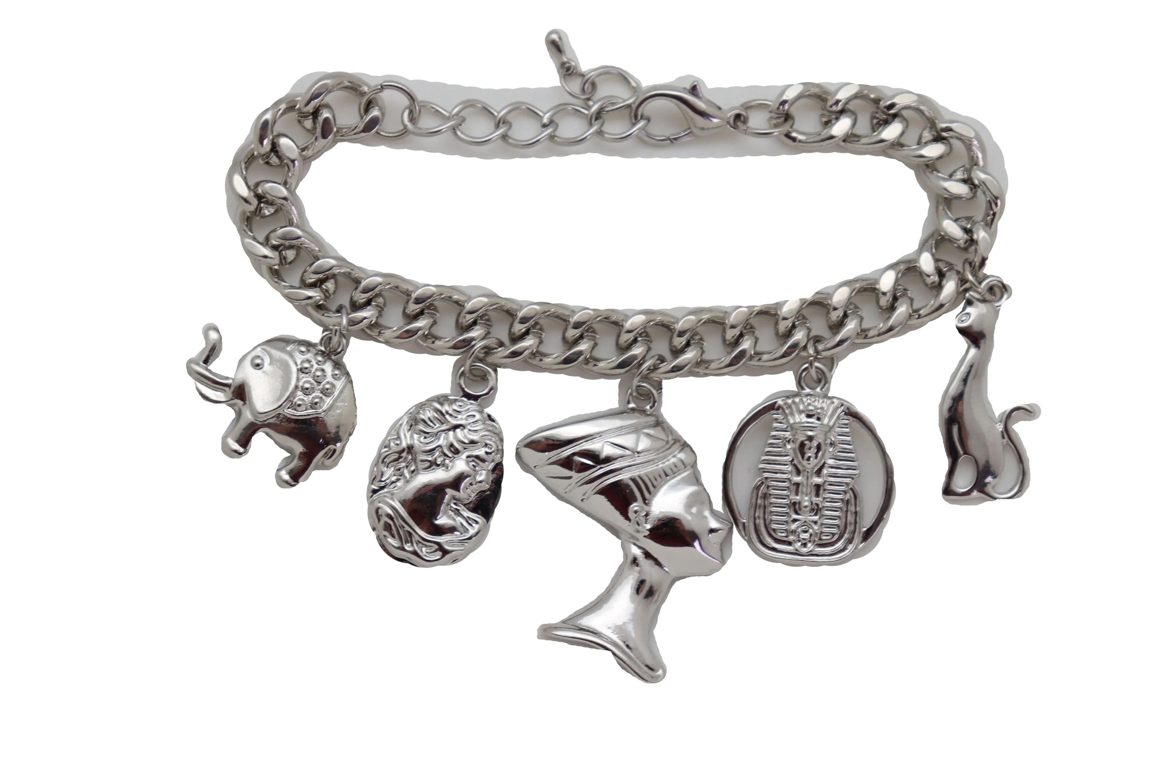 Silver Metal Chain Bracelet Cat Elephant Pharaoh Queen Crown Charms Egyptian Fashion