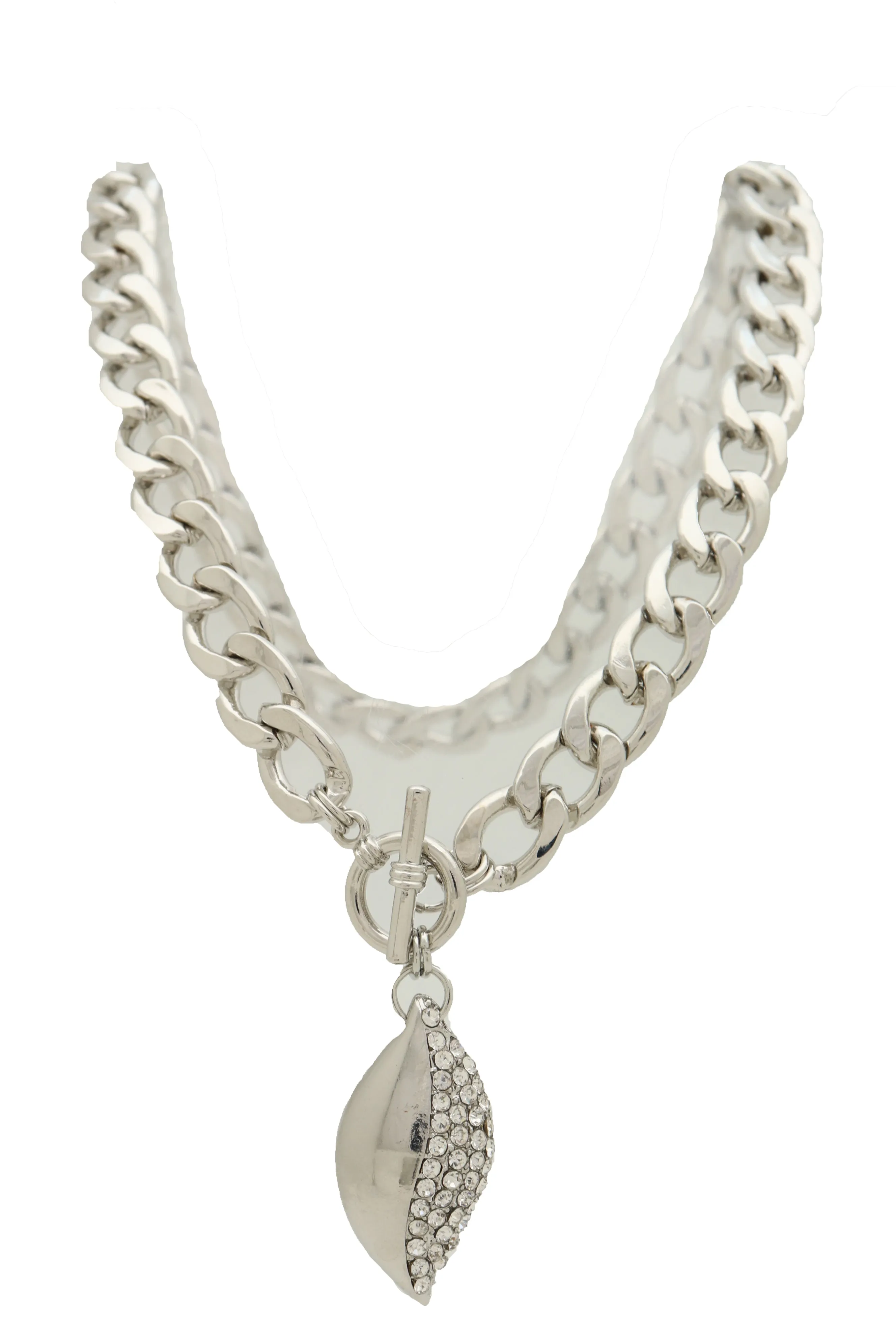 Silver Metal Chain Links Necklace Leaf Bling Bean Pendant