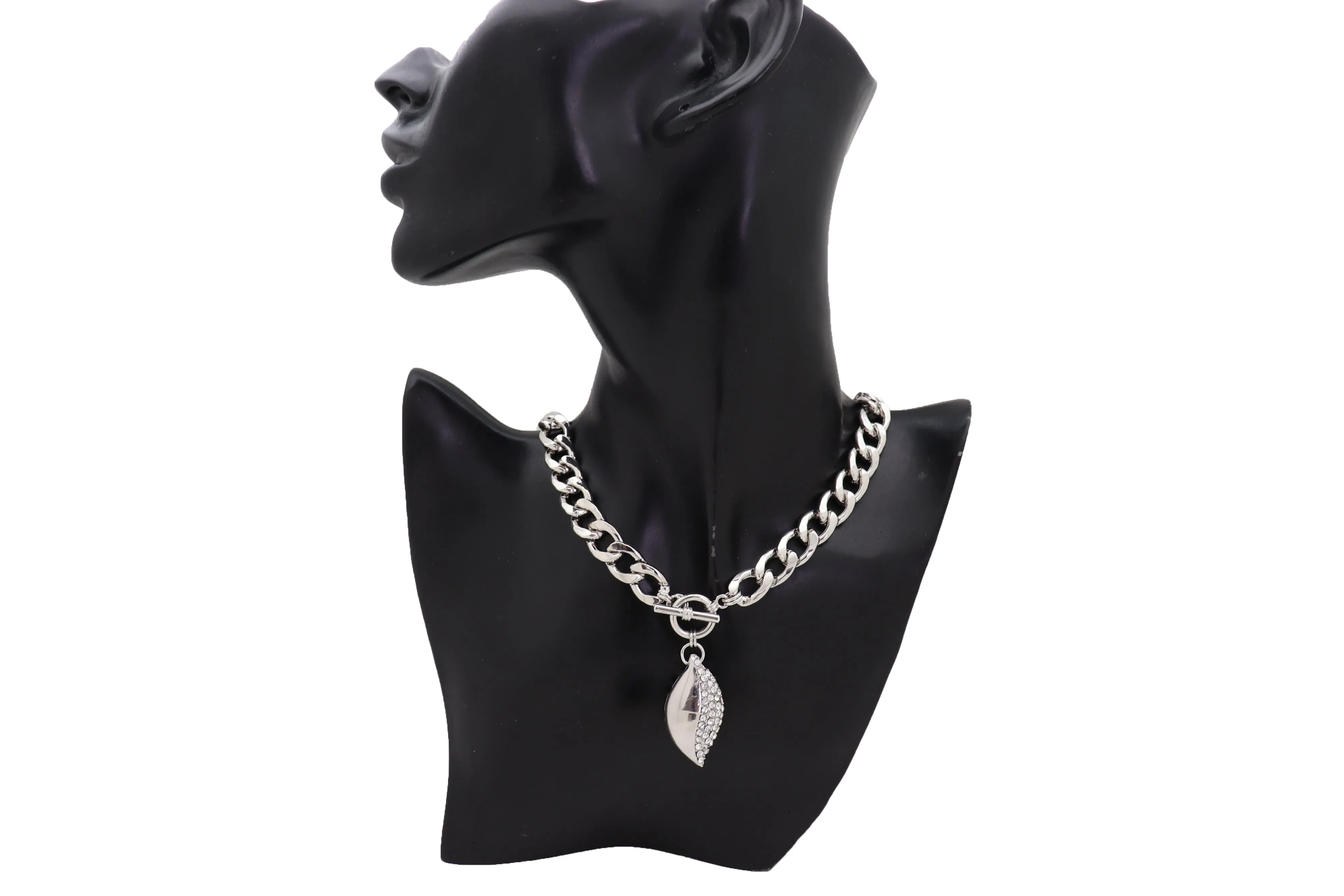 Silver Metal Chain Links Necklace Leaf Bling Bean Pendant