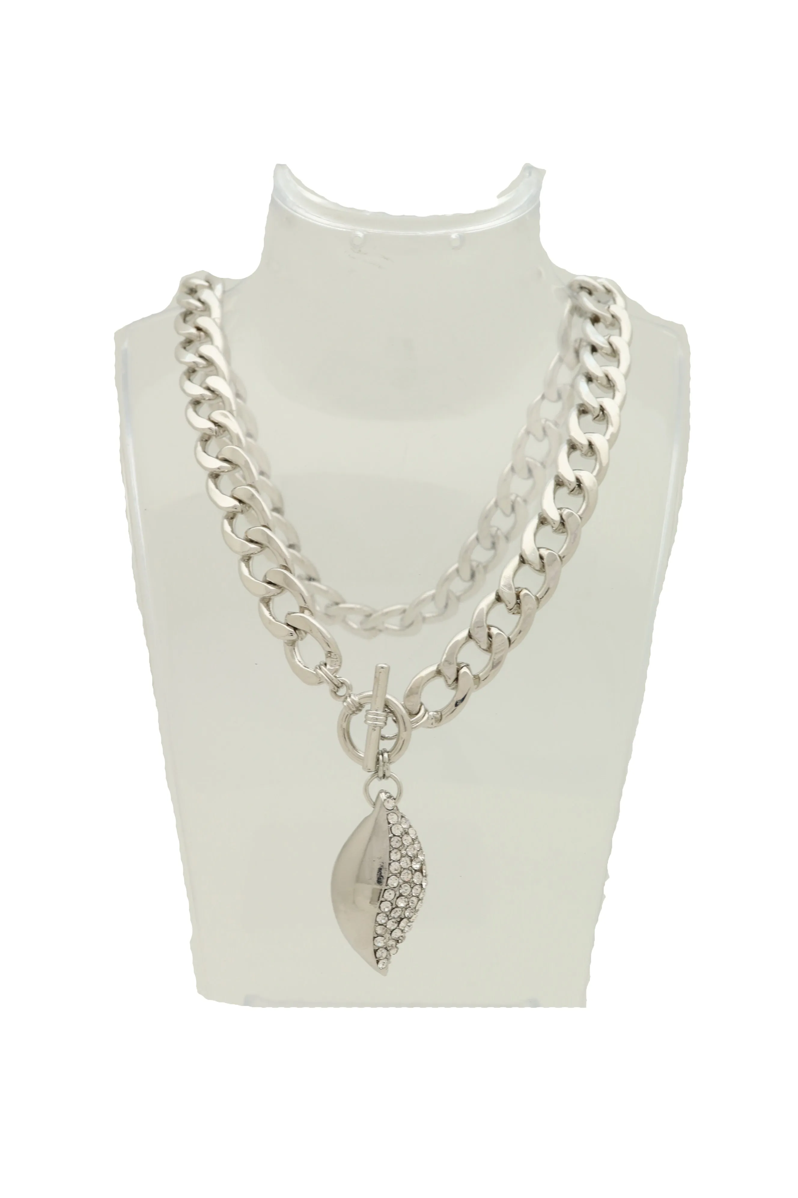 Silver Metal Chain Links Necklace Leaf Bling Bean Pendant