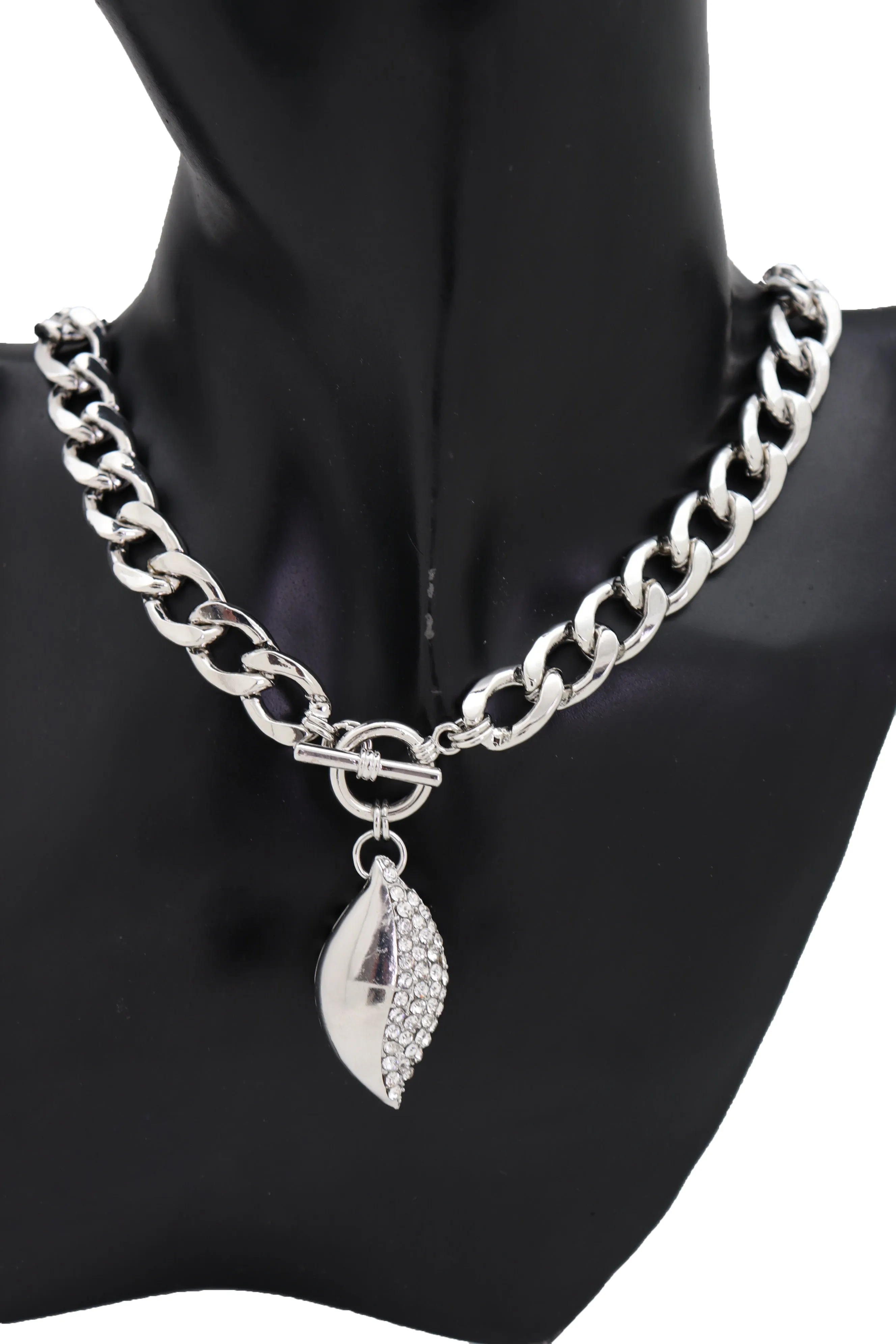 Silver Metal Chain Links Necklace Leaf Bling Bean Pendant