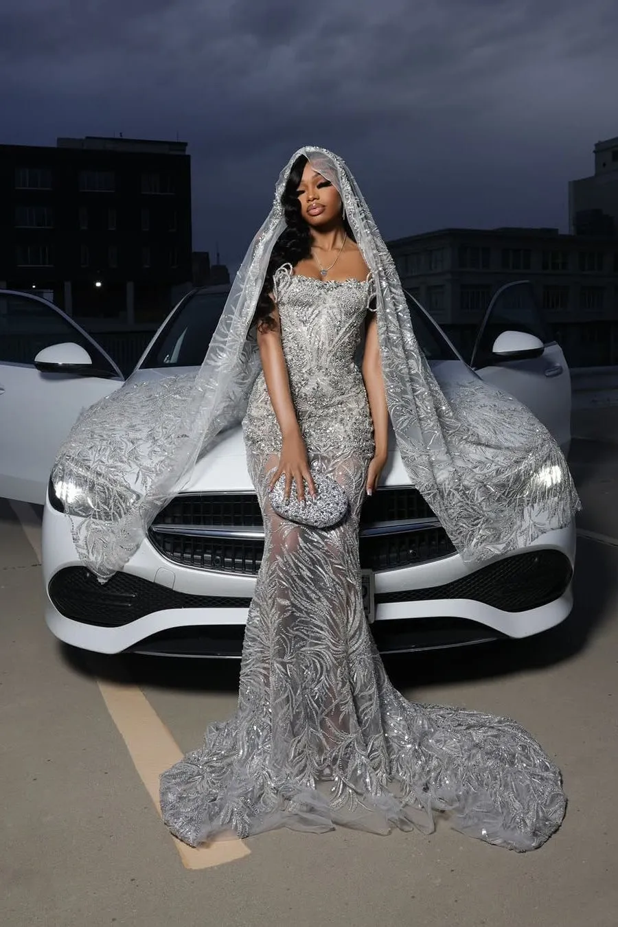 Silver Sparkle Beaded Mermaid Court Train Sweetheart Sleeveless Prom Dresses