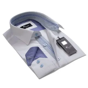 Solid White with Denim Blue Mens Slim Fit Designer Dress Shirt - tailored Cotton Shirts for Work and
