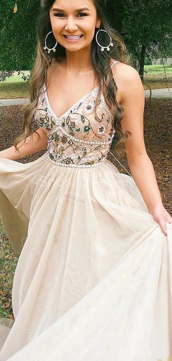 Spaghetti Straps Champagne Beaded Cheap Long Evening Prom Dresses, Evening Party Prom Dresses, 12307