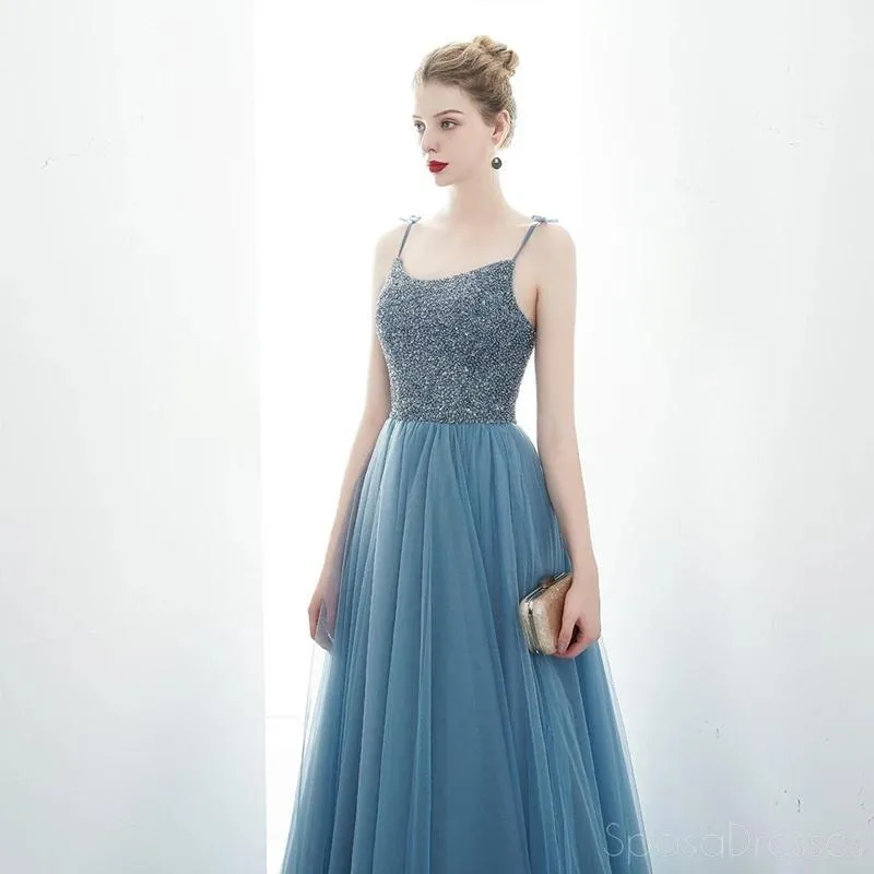 Spaghetti Straps Dusty Blue Cheap Evening Prom Dresses, Evening Party Prom Dresses, 12176