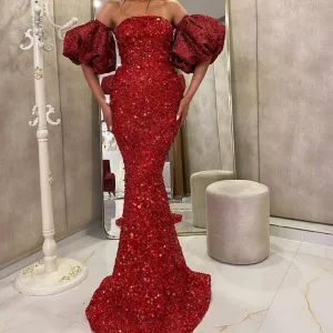sparkly burgundy evening dresses long mermaid modest sequin off the shoulder evening gown