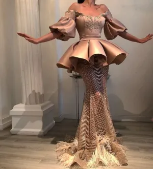 sparkly evening dresses long mermaid off the shoulder beaded feather khaki luxury formal dress