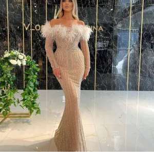 sparkly feather evening dresses long mermaid elegant modest sexy formal dresses vestidos de fiesta