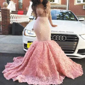 sparkly pink evening dresses long sleeve beaded floral elegant modest luxury evening gown vestido de Longo