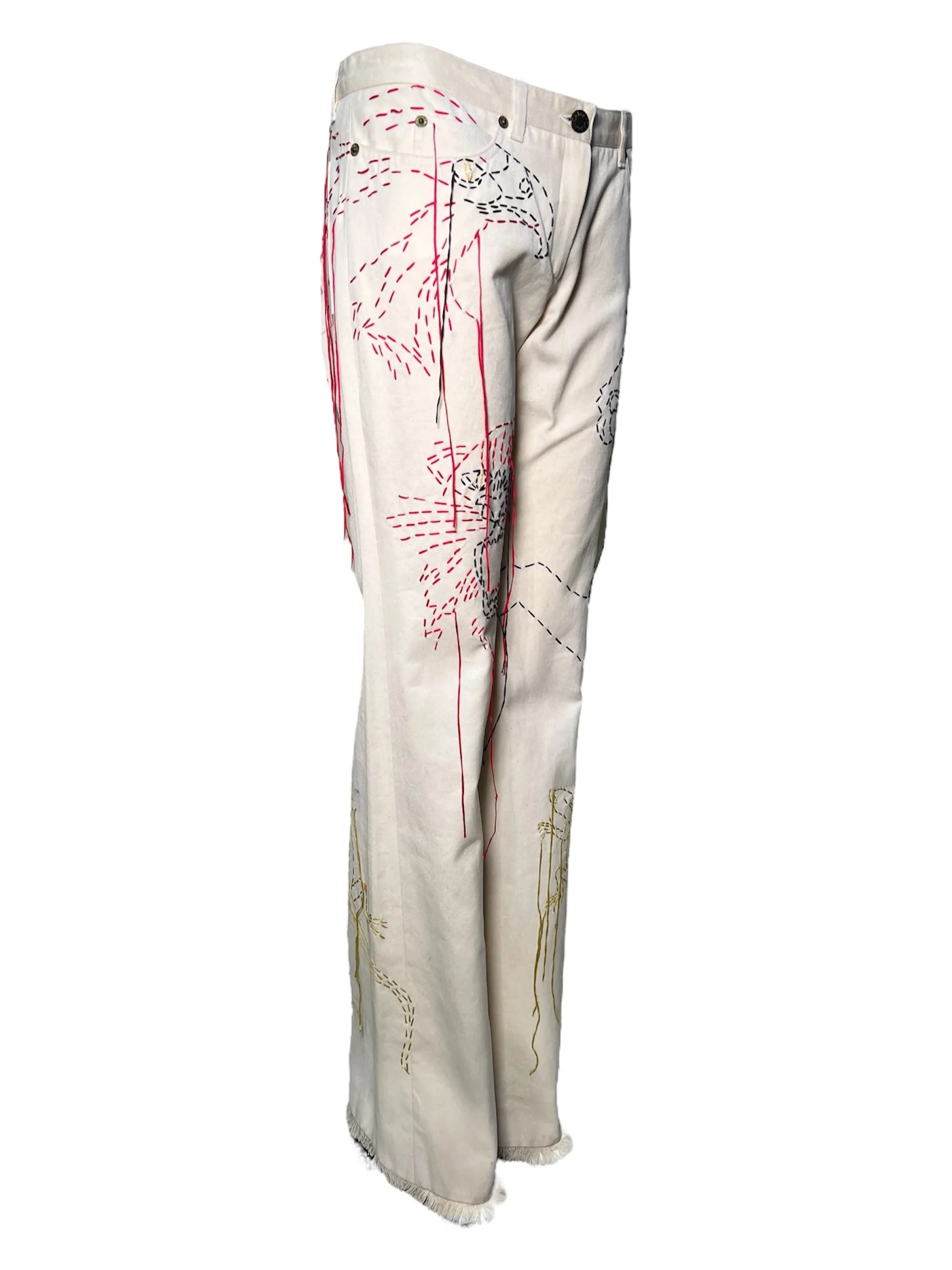 Stella McCartney for Chloé S/S 2000 Ivory Embroidered Animal Jeans, Limited Edition