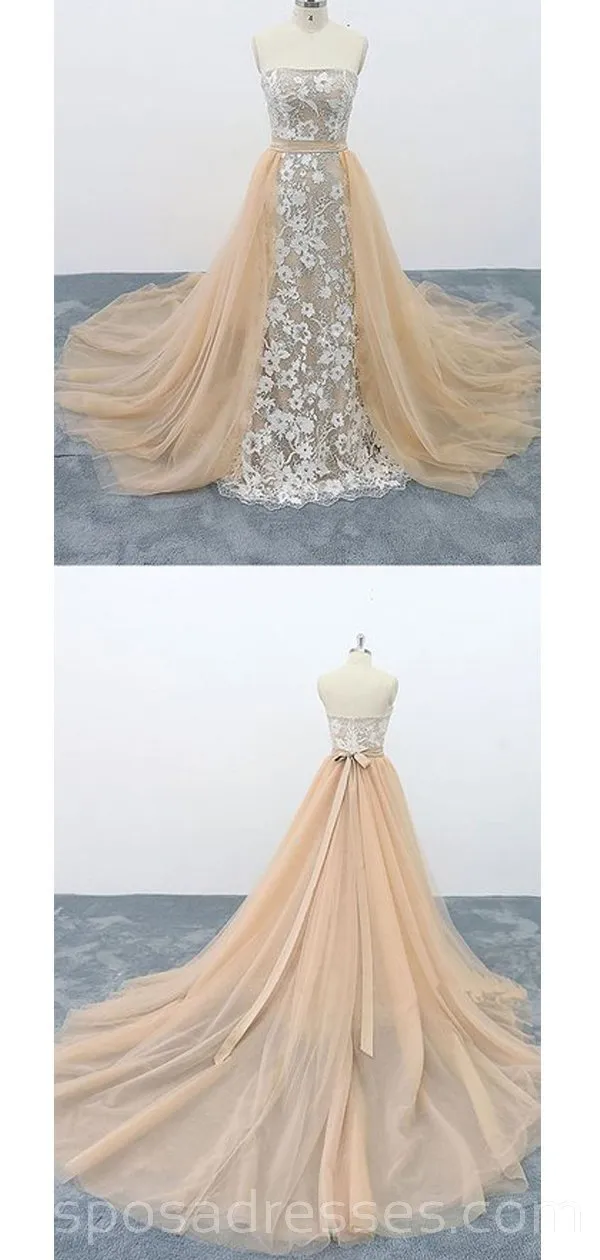 Strapless Champagne Lace Cheap Long Evening Prom Dresses, Evening Party Prom Dresses, 18625