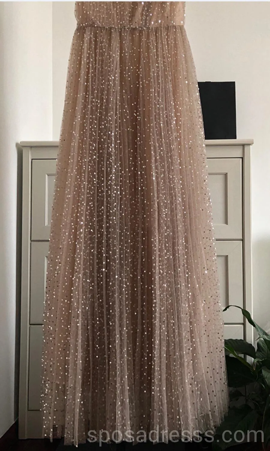 Straps Sparkly Gold A-line Long Evening Prom Dresses, Cheap Custom Sweet 16 Dresses, 18569