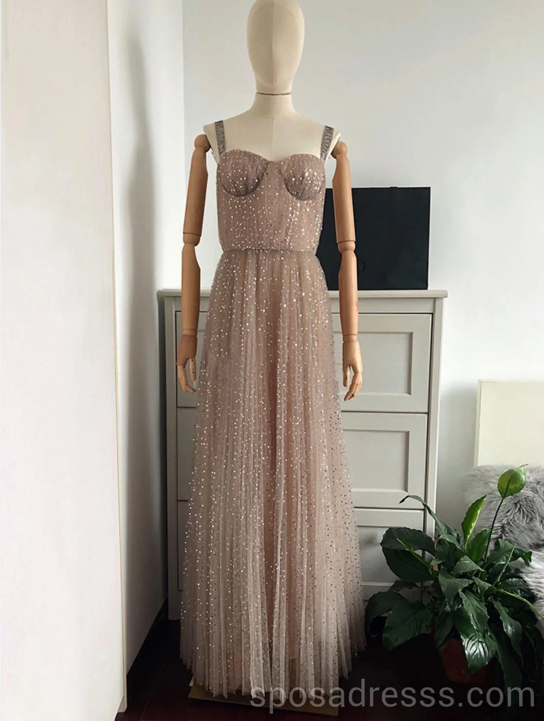 Straps Sparkly Gold A-line Long Evening Prom Dresses, Cheap Custom Sweet 16 Dresses, 18569