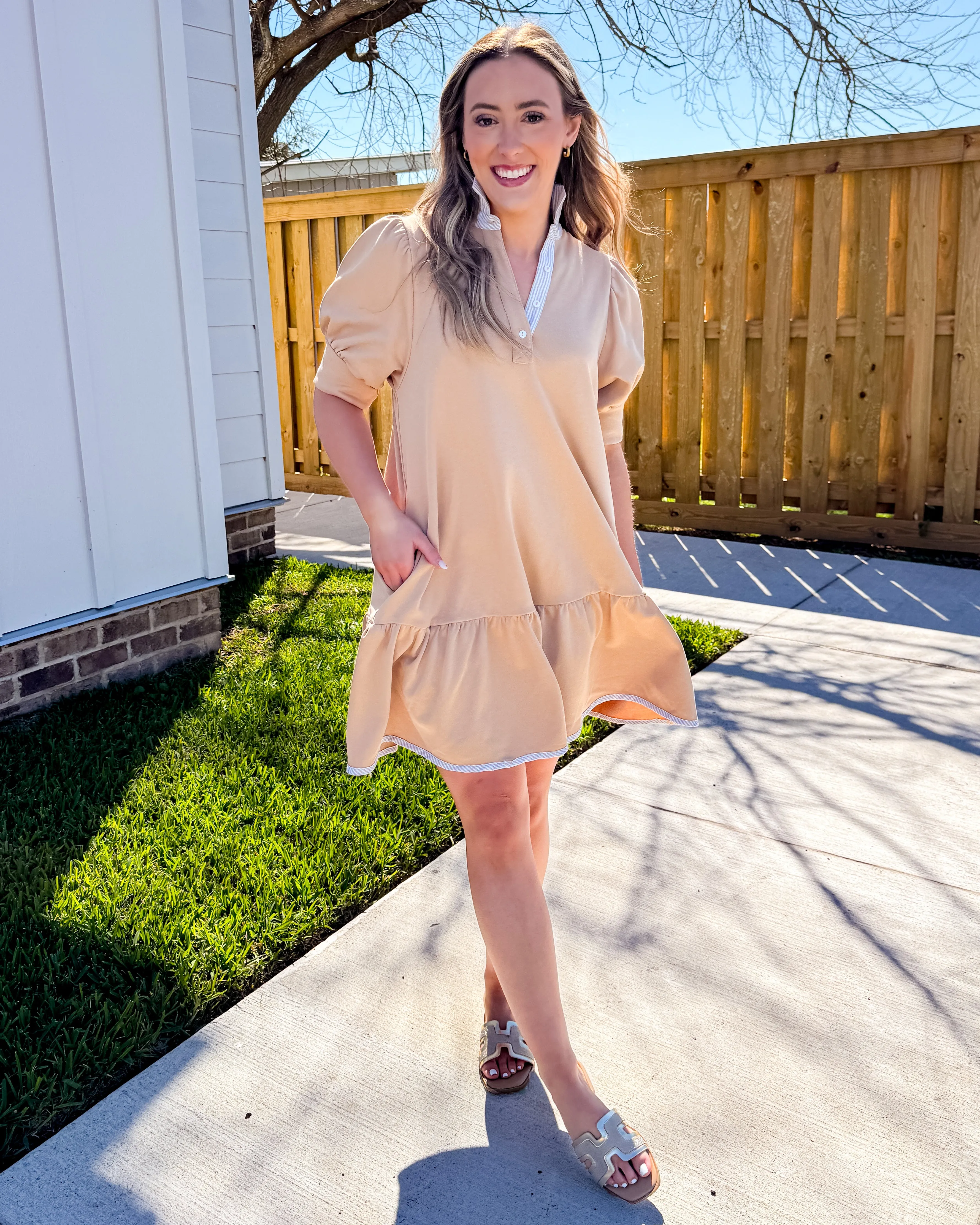 Striped High Neck and Solid Dress in Latte