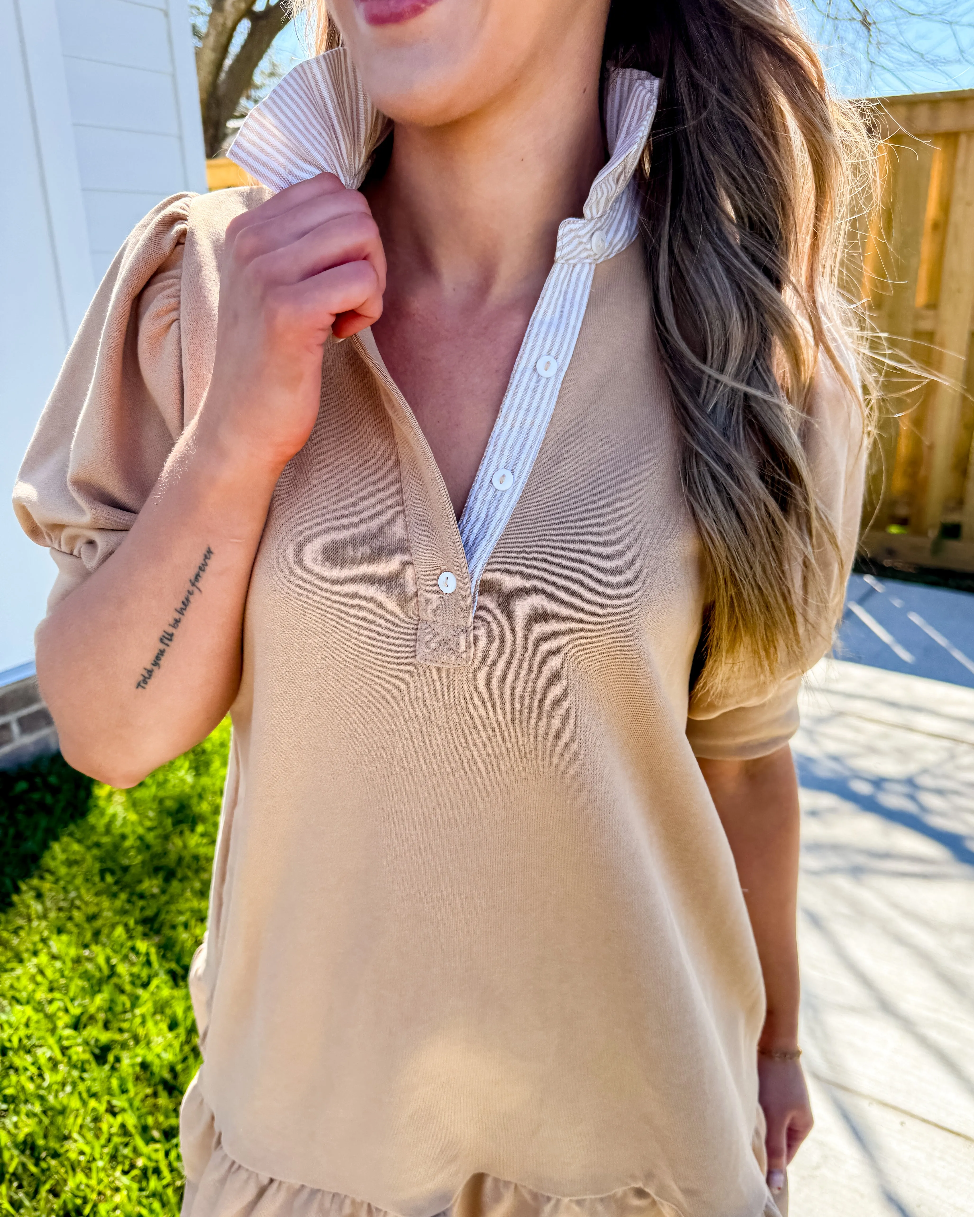 Striped High Neck and Solid Dress in Latte