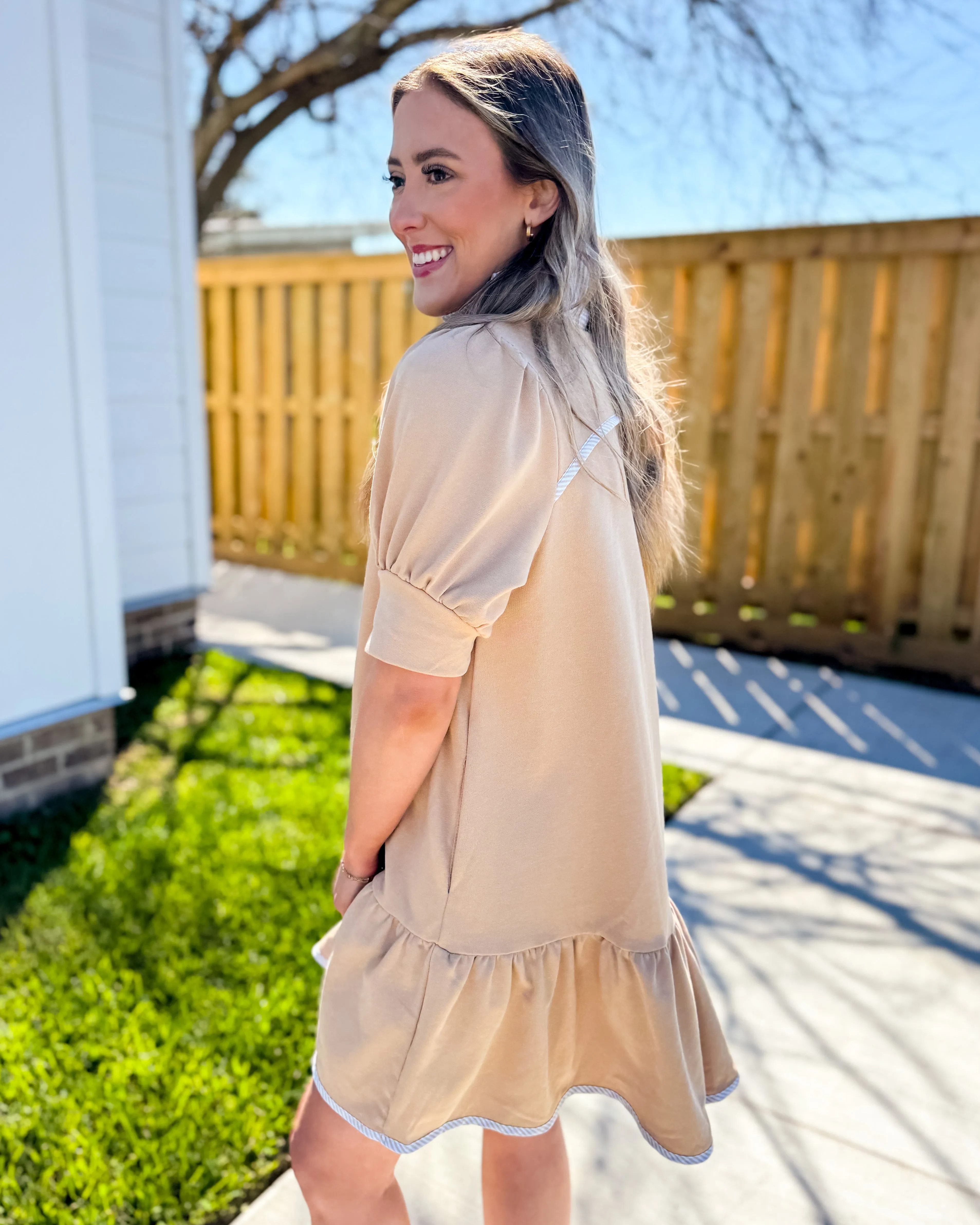 Striped High Neck and Solid Dress in Latte