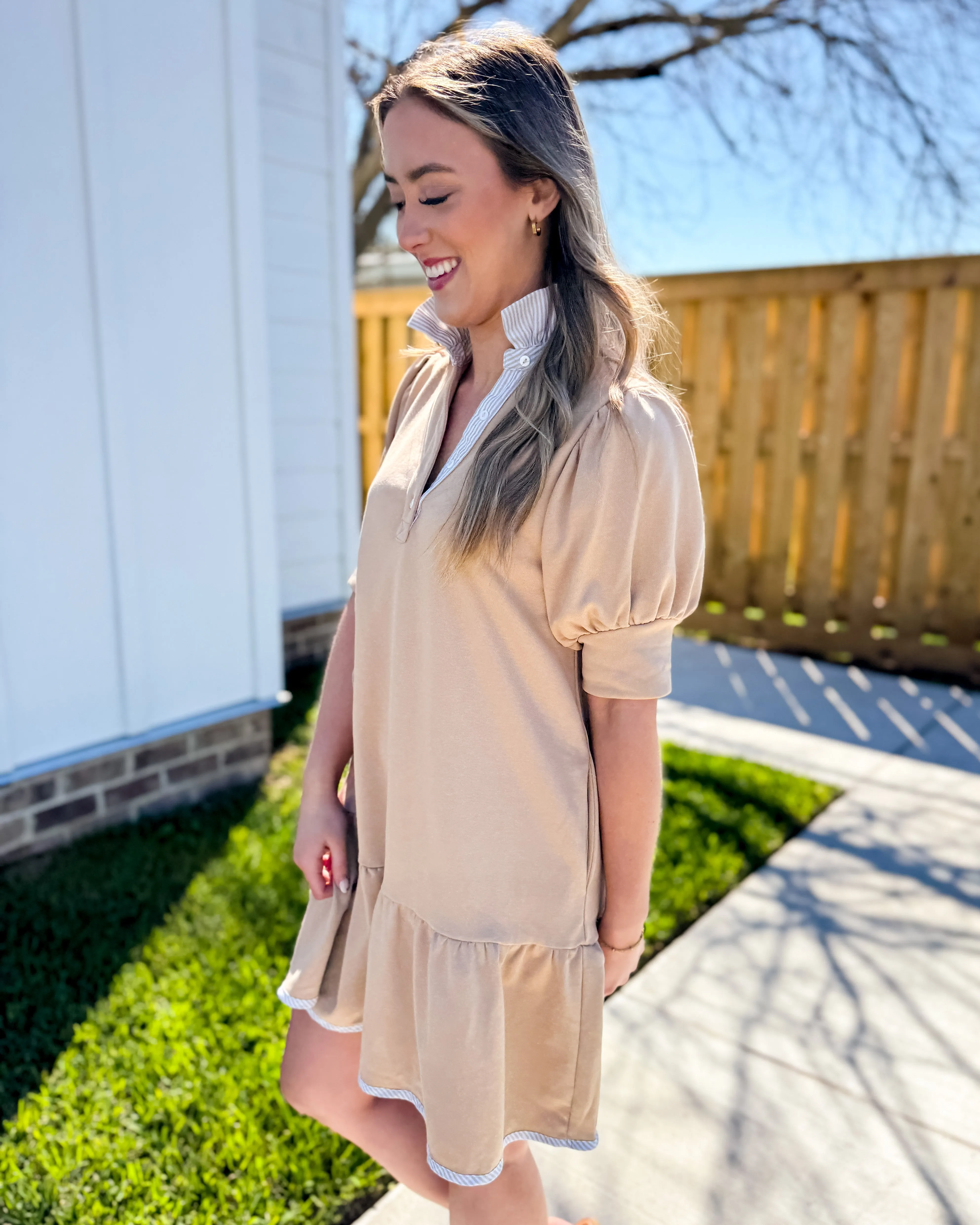 Striped High Neck and Solid Dress in Latte