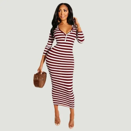 Stylish Striped Midi Bodycon Dress For Women - Sexy Autumn Winter Club Dress