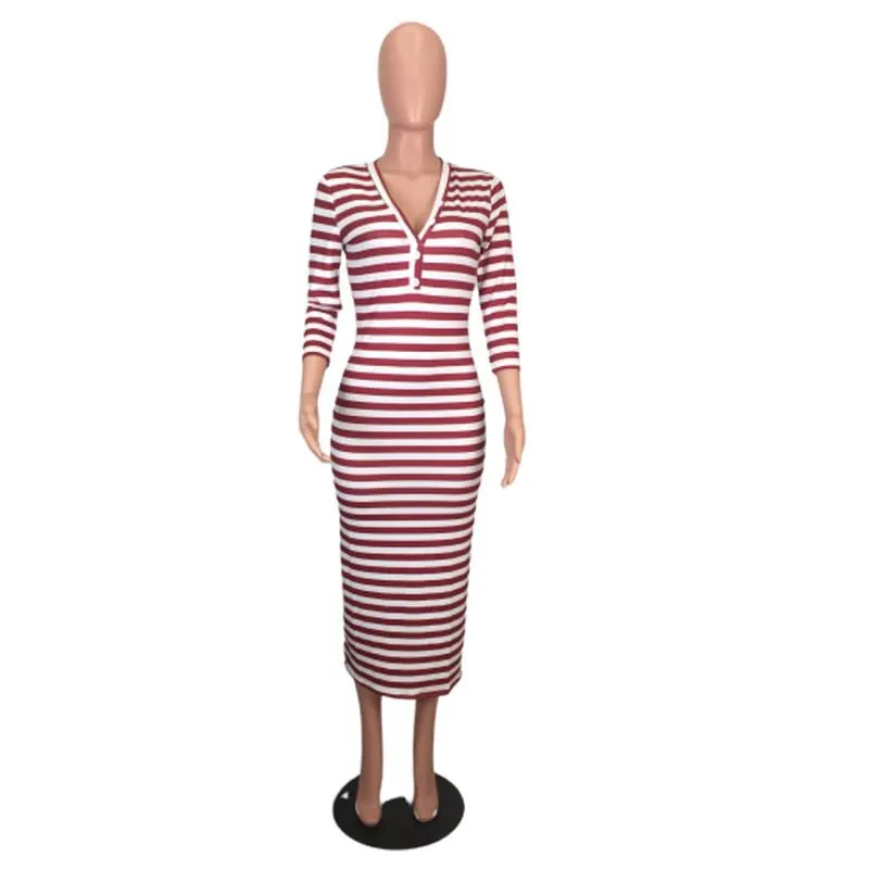 Stylish Striped Midi Bodycon Dress For Women - Sexy Autumn Winter Club Dress