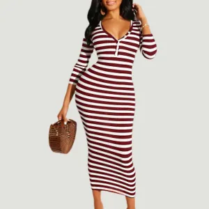 Stylish Striped Midi Bodycon Dress For Women - Sexy Autumn Winter Club Dress