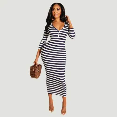 Stylish Striped Midi Bodycon Dress For Women - Sexy Autumn Winter Club Dress