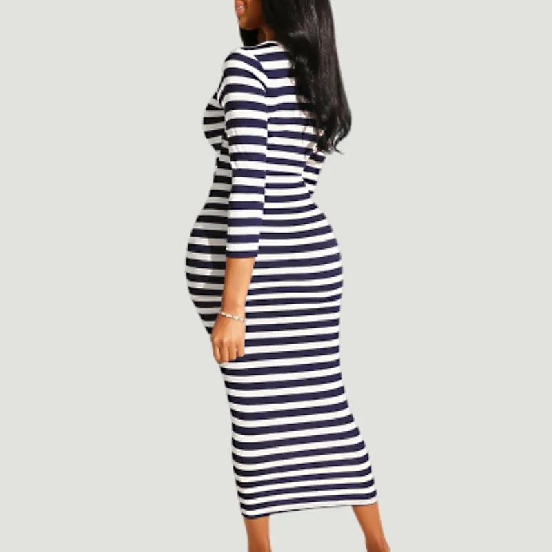 Stylish Striped Midi Bodycon Dress For Women - Sexy Autumn Winter Club Dress