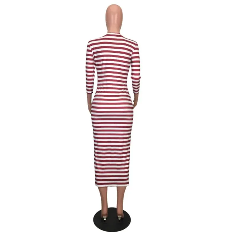 Stylish Striped Midi Bodycon Dress For Women - Sexy Autumn Winter Club Dress