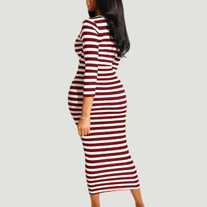 Stylish Striped Midi Bodycon Dress For Women - Sexy Autumn Winter Club Dress