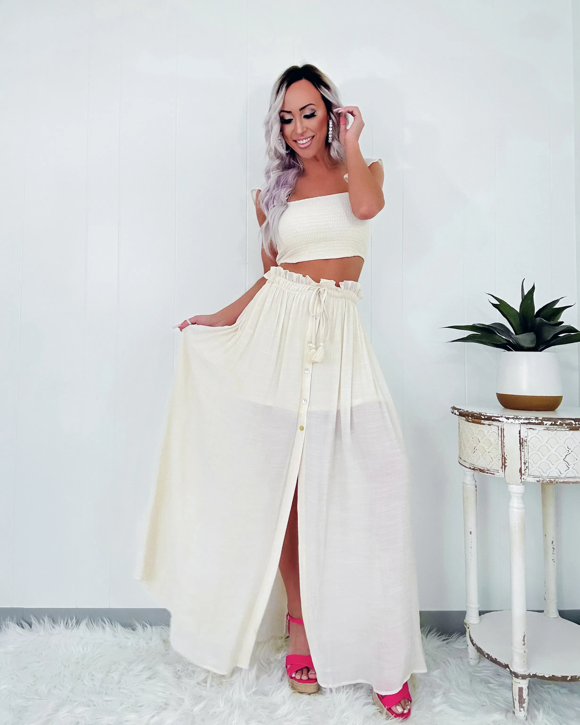 Sweet Duet Button Skirt Set - Vanilla