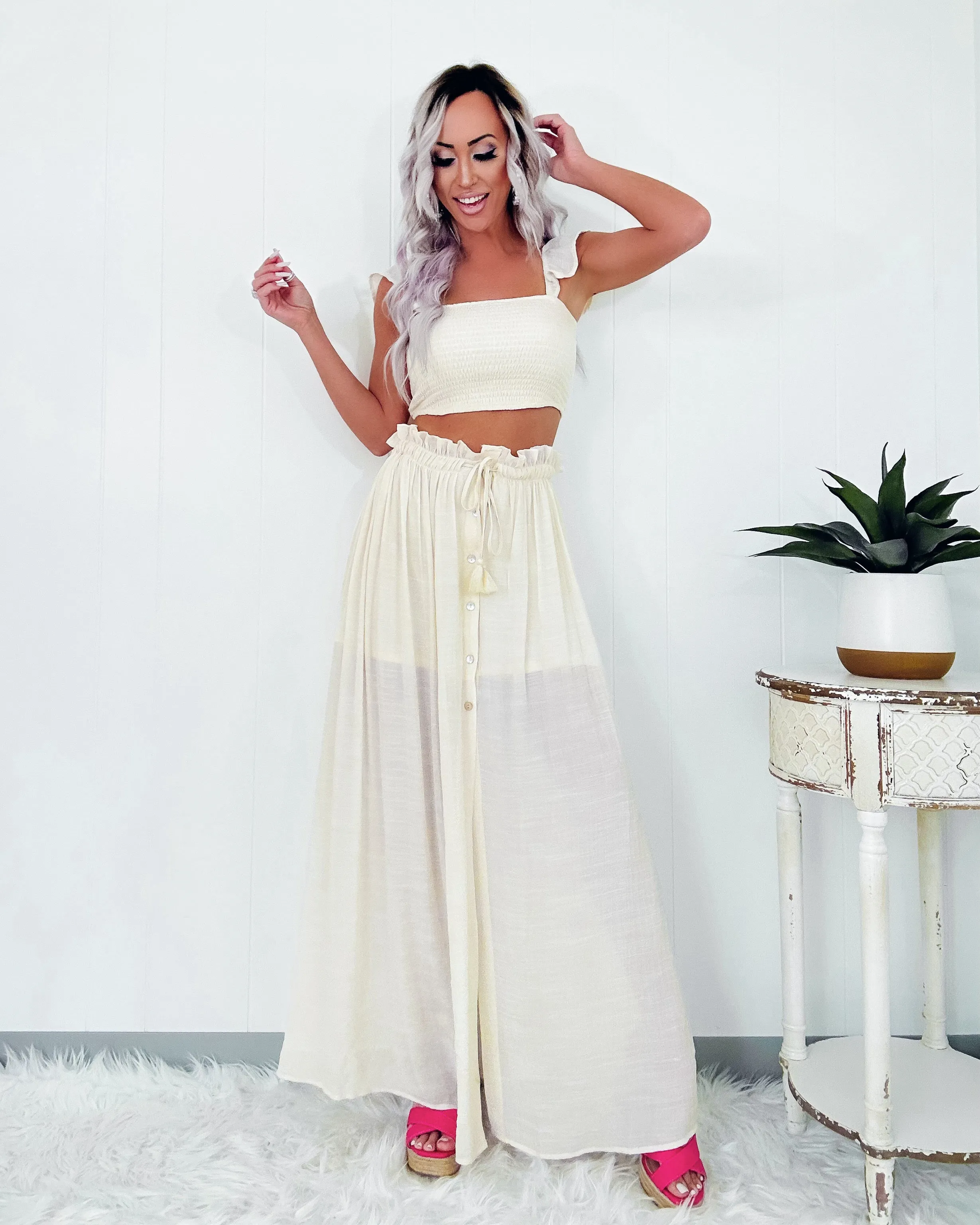 Sweet Duet Button Skirt Set - Vanilla